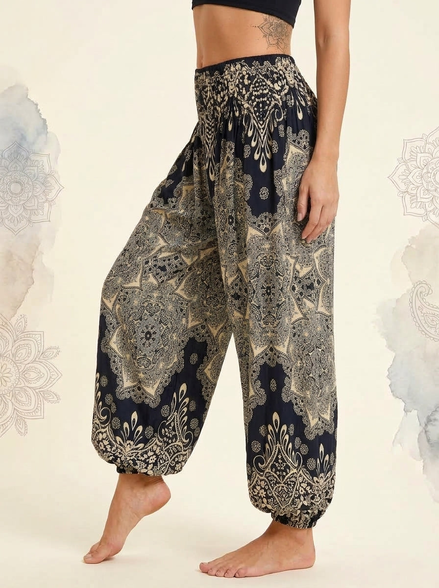 Thai Print Harem Pants in Ivory Navy, side view