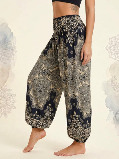 Thai Print Harem Pants in Ivory Navy, side view
