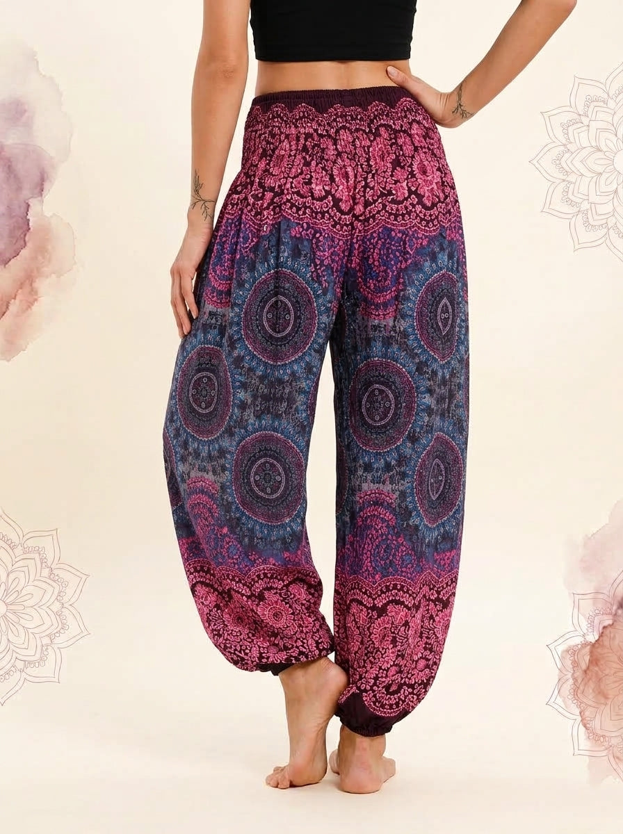 Thai Print Harem Pants in Magenta Indigo, back view