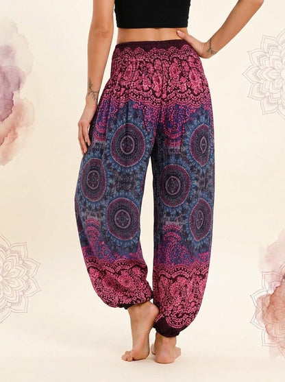 Thai Print Harem Pants in Magenta Indigo, back view