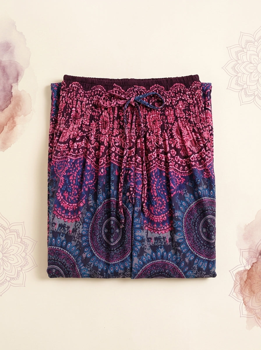 Thai Print Harem Pants in Magenta Indigo, folded flat
