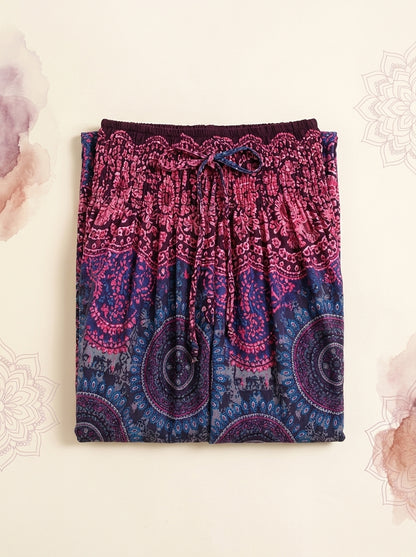 Thai Print Harem Pants in Magenta Indigo, folded flat