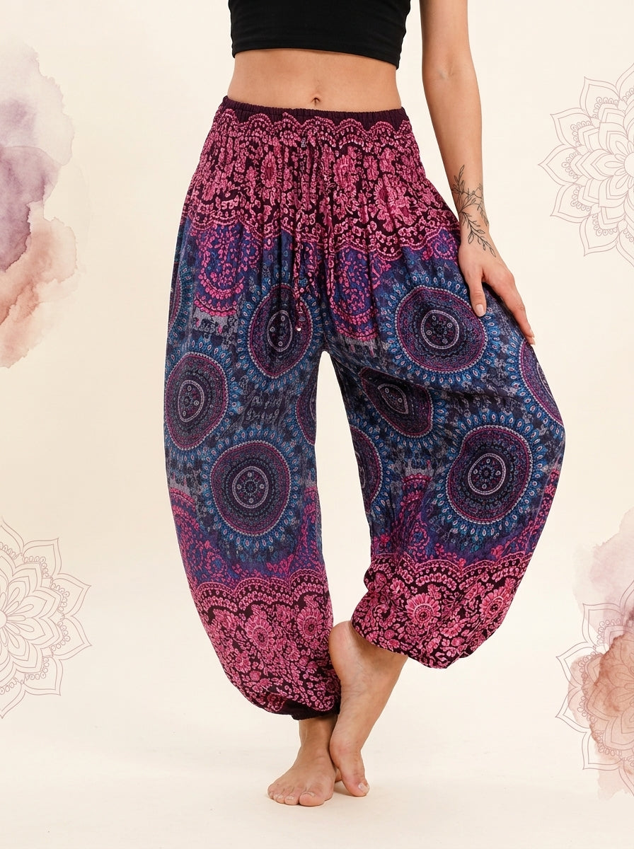 Thai Print Harem Pants in Magenta Indigo, front view