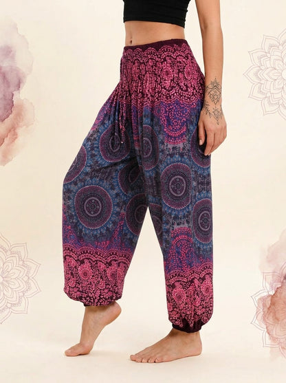 Thai Print Harem Pants in Magenta Indigo, side view