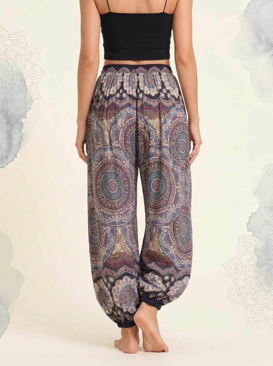 Thai Print Harem Pants in Mauve Paisley, back view