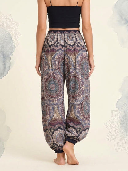 Thai Print Harem Pants in Mauve Paisley, back view