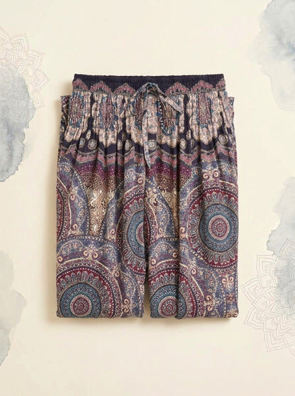 Thai Print Harem Pants in Mauve Paisley, folded flat