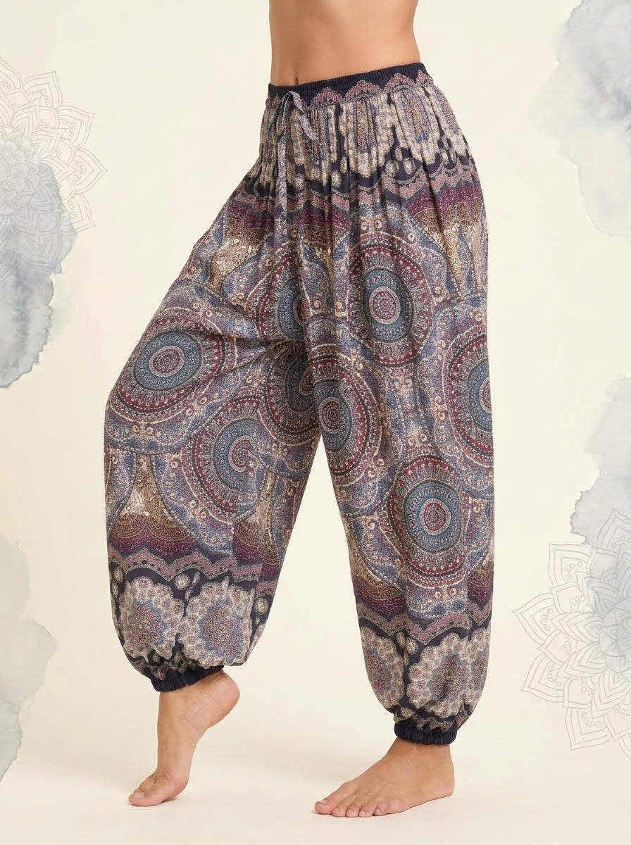 Thai Print Harem Pants in Mauve Paisley, side view