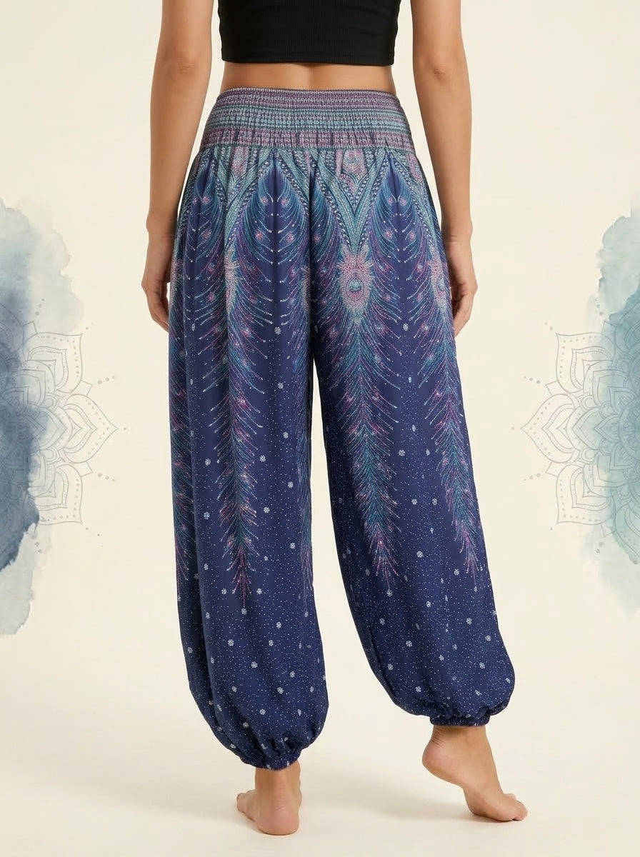 Thai Print Harem Pants in Midnight Blue, back view