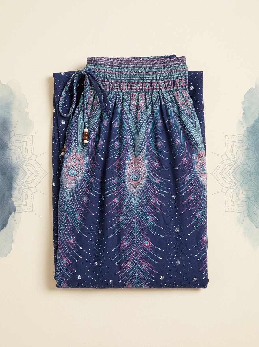 Thai Print Harem Pants in Midnight Blue, folded flat