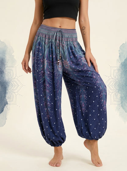 Thai Print Harem Pants in Midnight Blue, front view