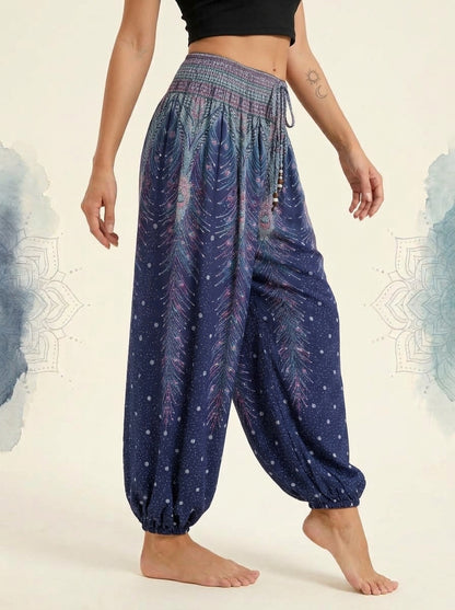 Thai Print Harem Pants in Midnight Blue, side view
