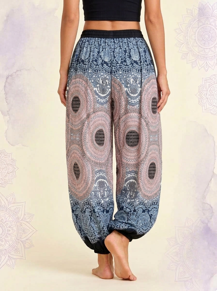 Thai Print Harem Pants in Mist Mandala, back view
