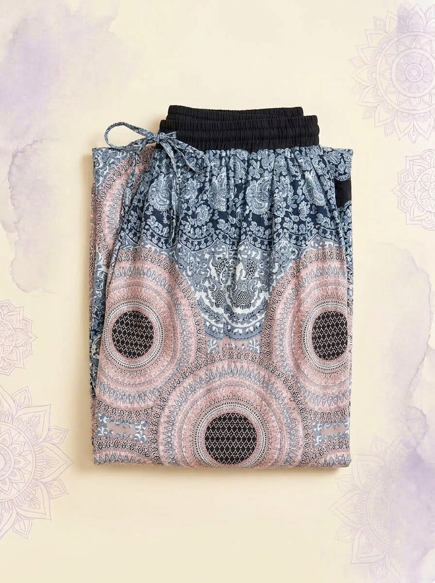 Thai Print Harem Pants in Mist Mandala, folded flat