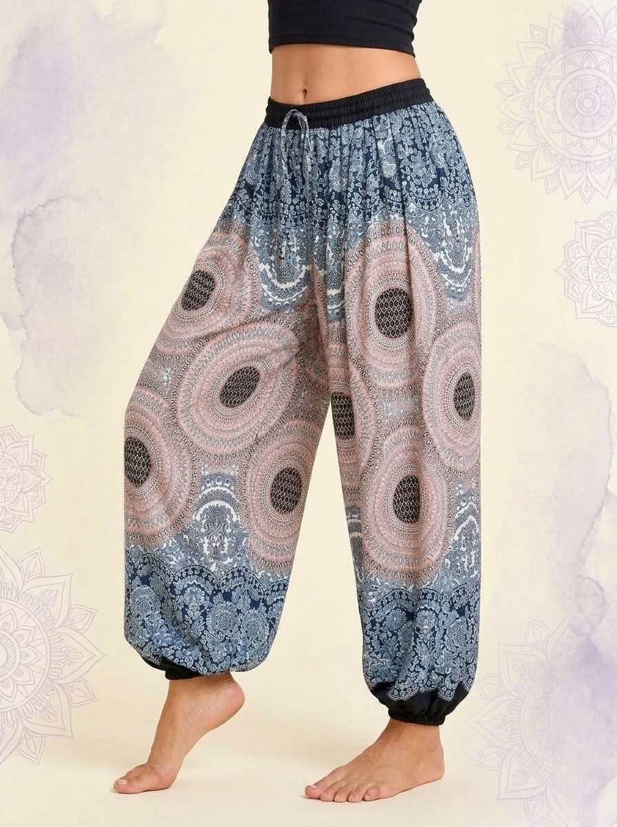 Thai Print Harem Pants in Mist Mandala, side view