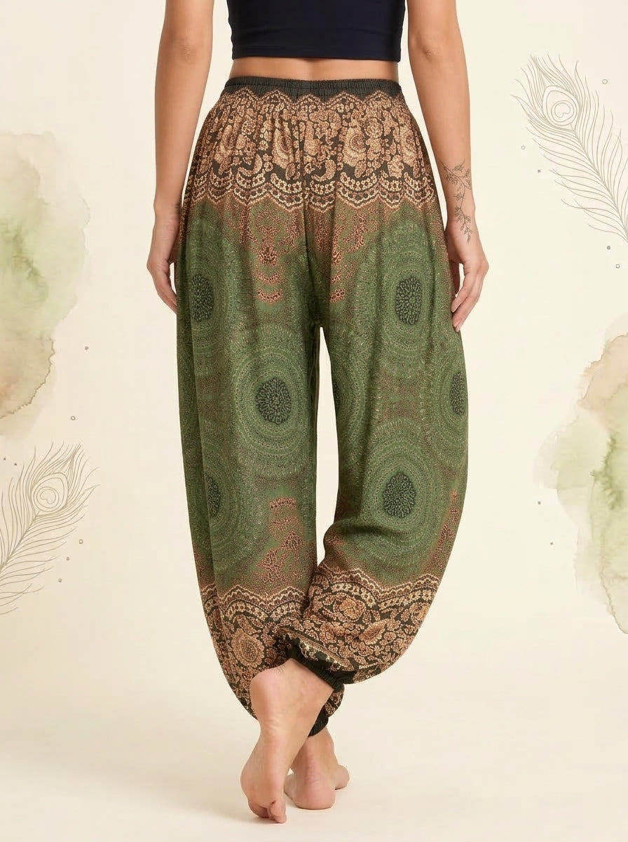Thai Print Harem Pants in Moss Gold, back view
