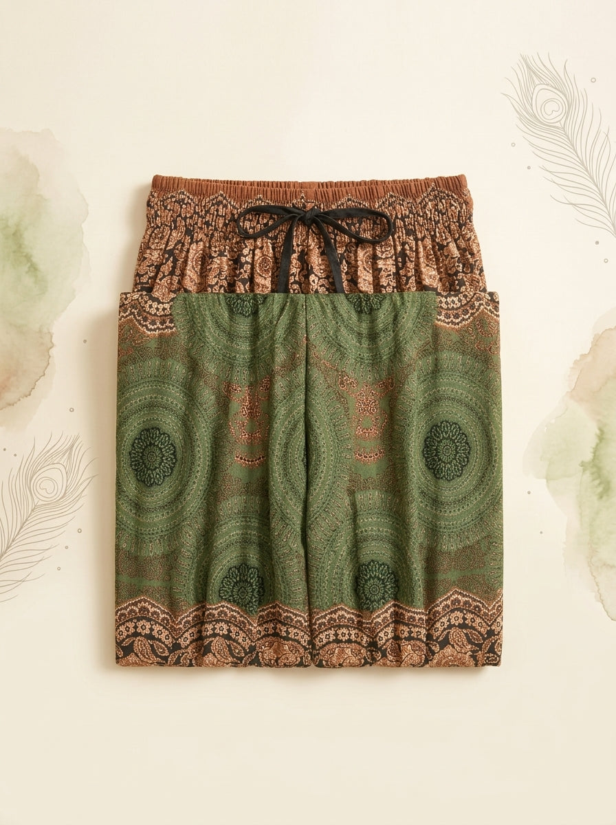 Thai Print Harem Pants in Moss Gold, folded flat
