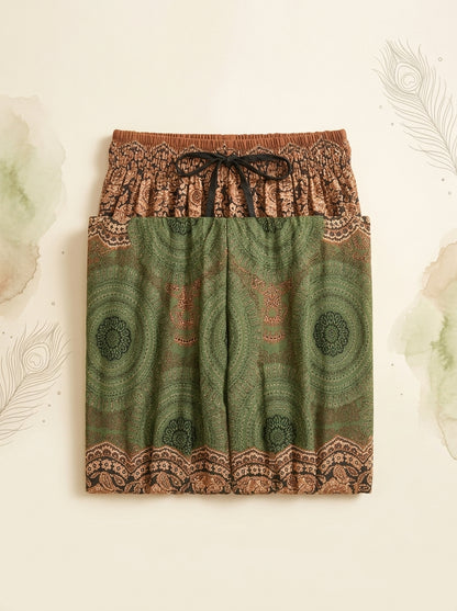 Thai Print Harem Pants in Moss Gold, folded flat