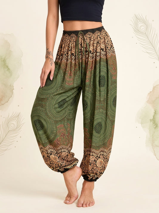 Thai Print Harem Pants in Moss Gold