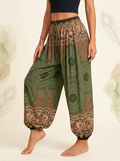 Thai Print Harem Pants in Moss Gold, side view
