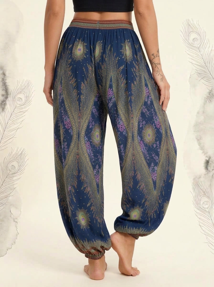 Thai Print Harem Pants in Navy Gold, back view