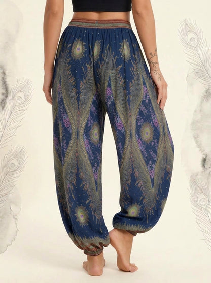 Thai Print Harem Pants in Navy Gold, back view