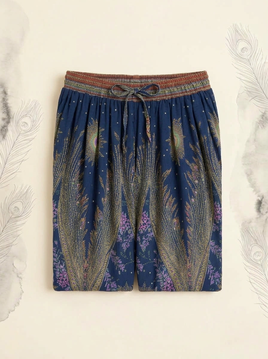 Thai Print Harem Pants in Navy Gold, folded flat