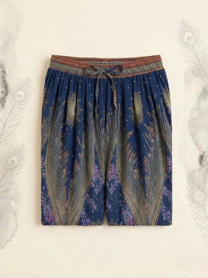 Thai Print Harem Pants in Navy Gold, folded flat