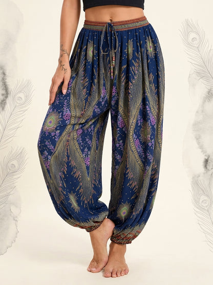 Thai Print Harem Pants in Navy Gold, front view