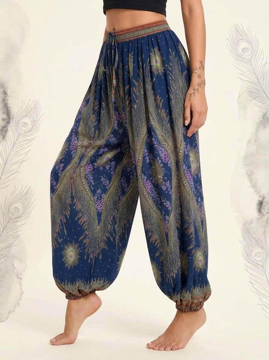Thai Print Harem Pants in Navy Gold, side view