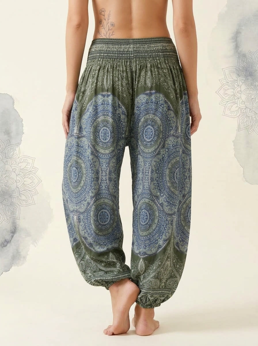 Thai Print Harem Pants in Olive Blue, back view