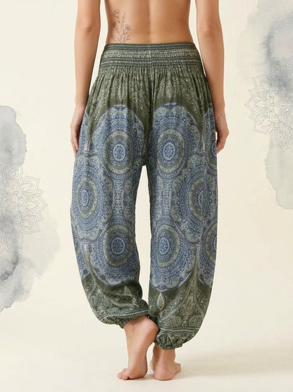Thai Print Harem Pants in Olive Blue, back view