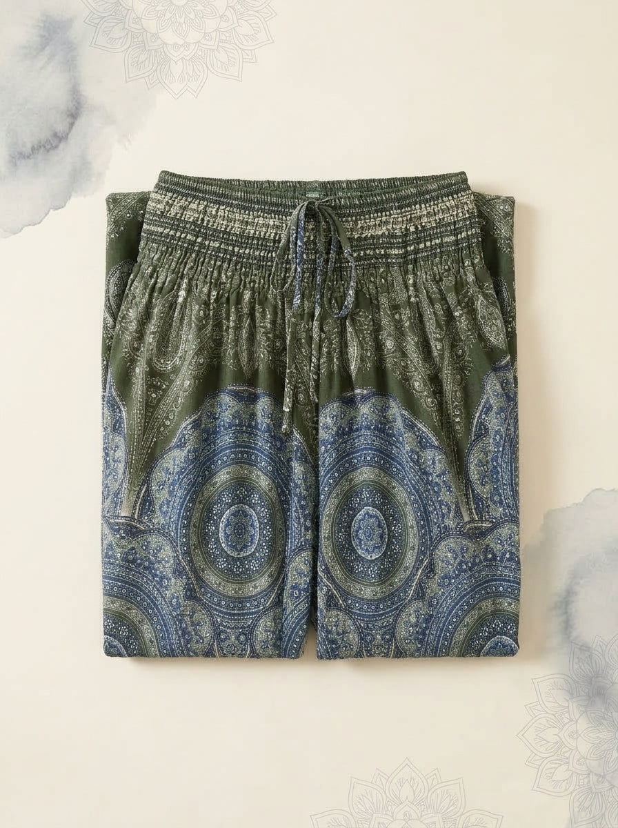 Thai Print Harem Pants in Olive Blue, folded flat
