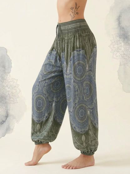 Thai Print Harem Pants in Olive Blue, side view
