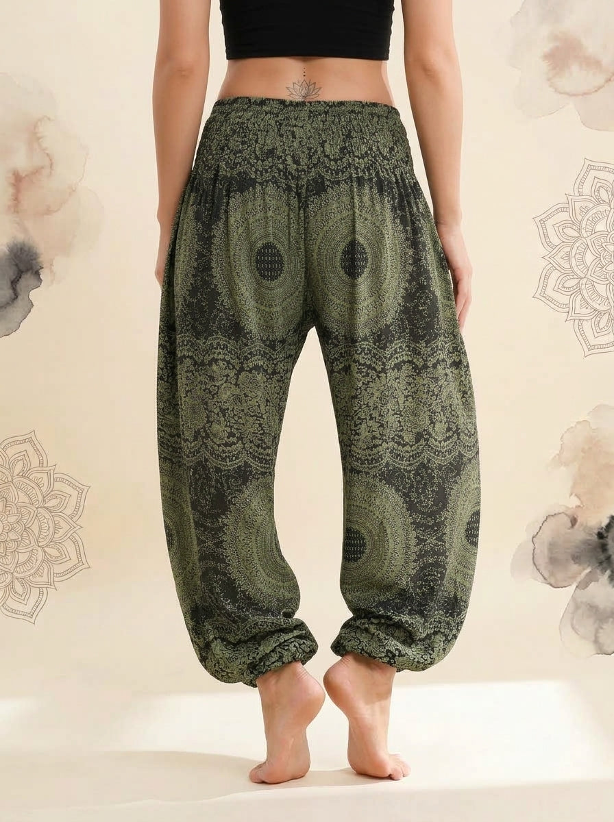 Thai Print Harem Pants in Olive Mandala, back view