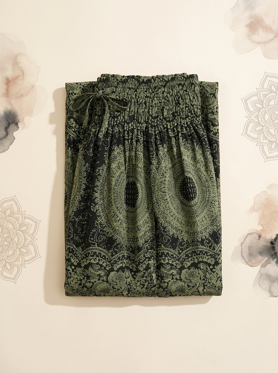 Thai Print Harem Pants in Olive Mandala, folded flat