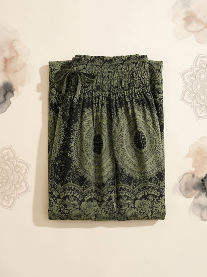 Thai Print Harem Pants in Olive Mandala, folded flat