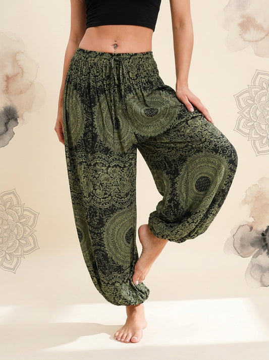 Thai Print Harem Pants in Olive Mandala