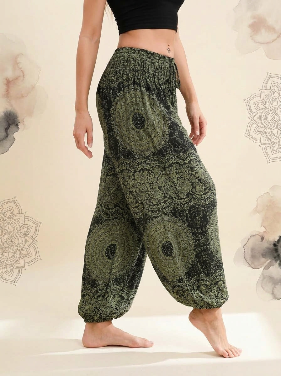 Thai Print Harem Pants in Olive Mandala, side view