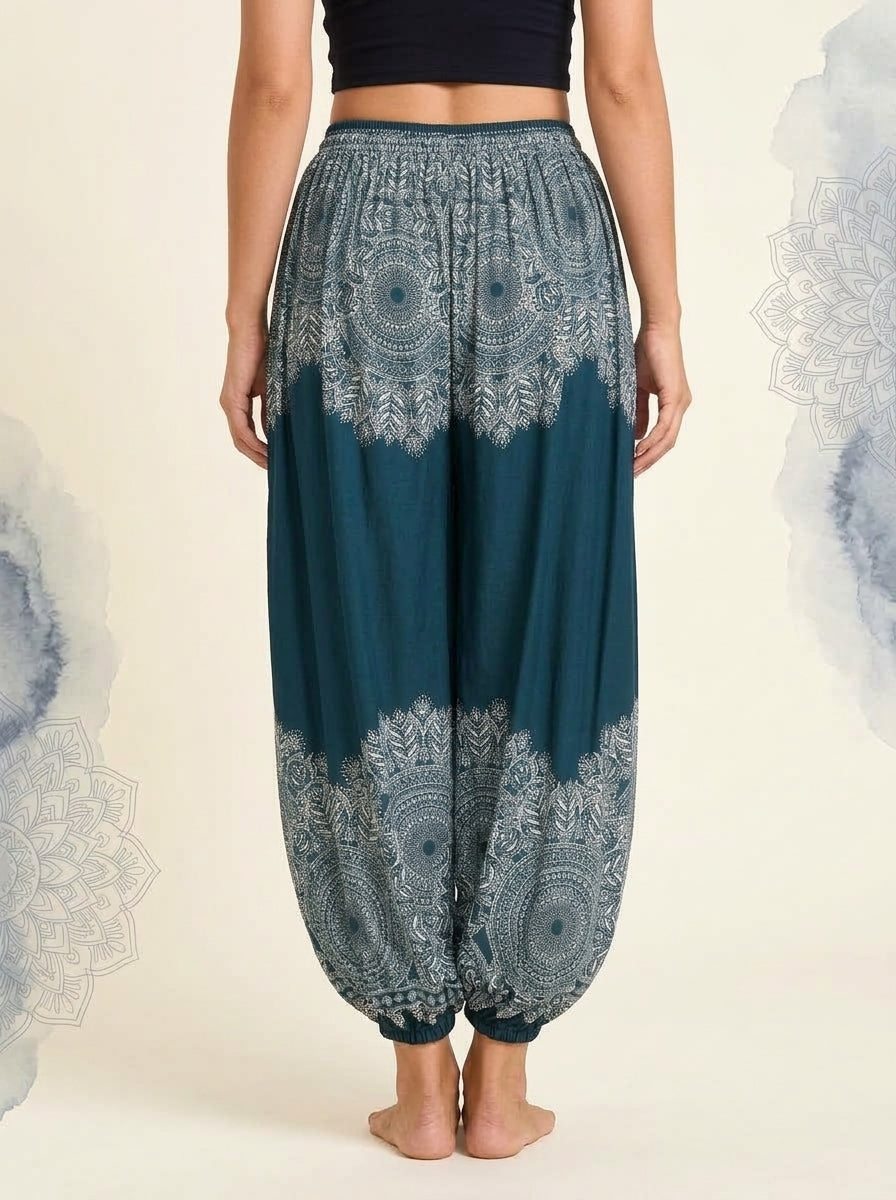 Thai Print Harem Pants in Petrol Lace, back view