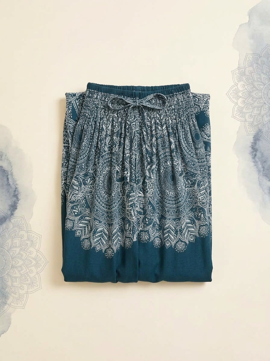 Thai Print Harem Pants in Petrol Lace, folded flat