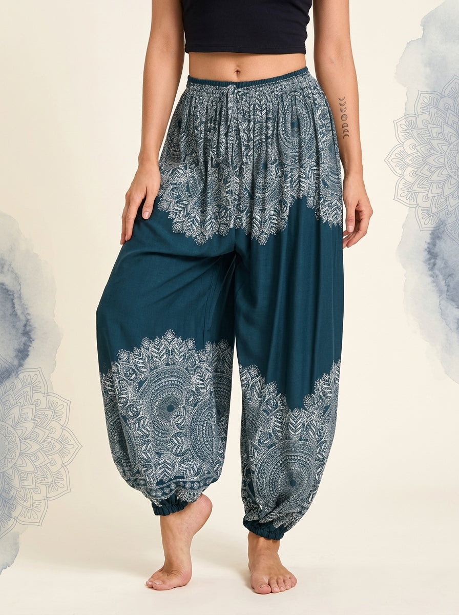 Thai Print Harem Pants in Petrol Lace, front view
