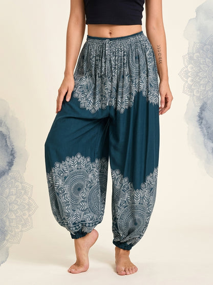 Thai Print Harem Pants in Petrol Lace, front view