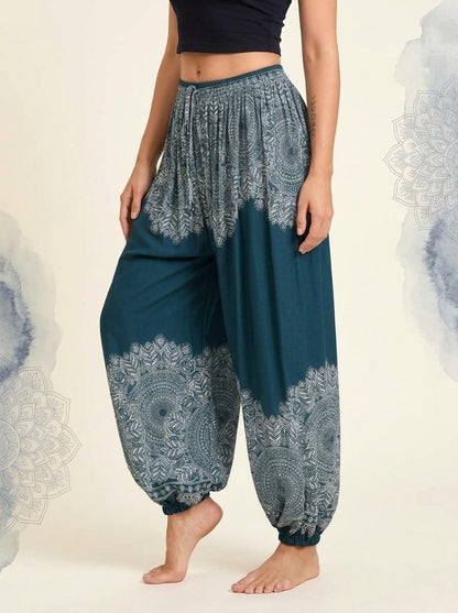 Thai Print Harem Pants in Petrol Lace, side view