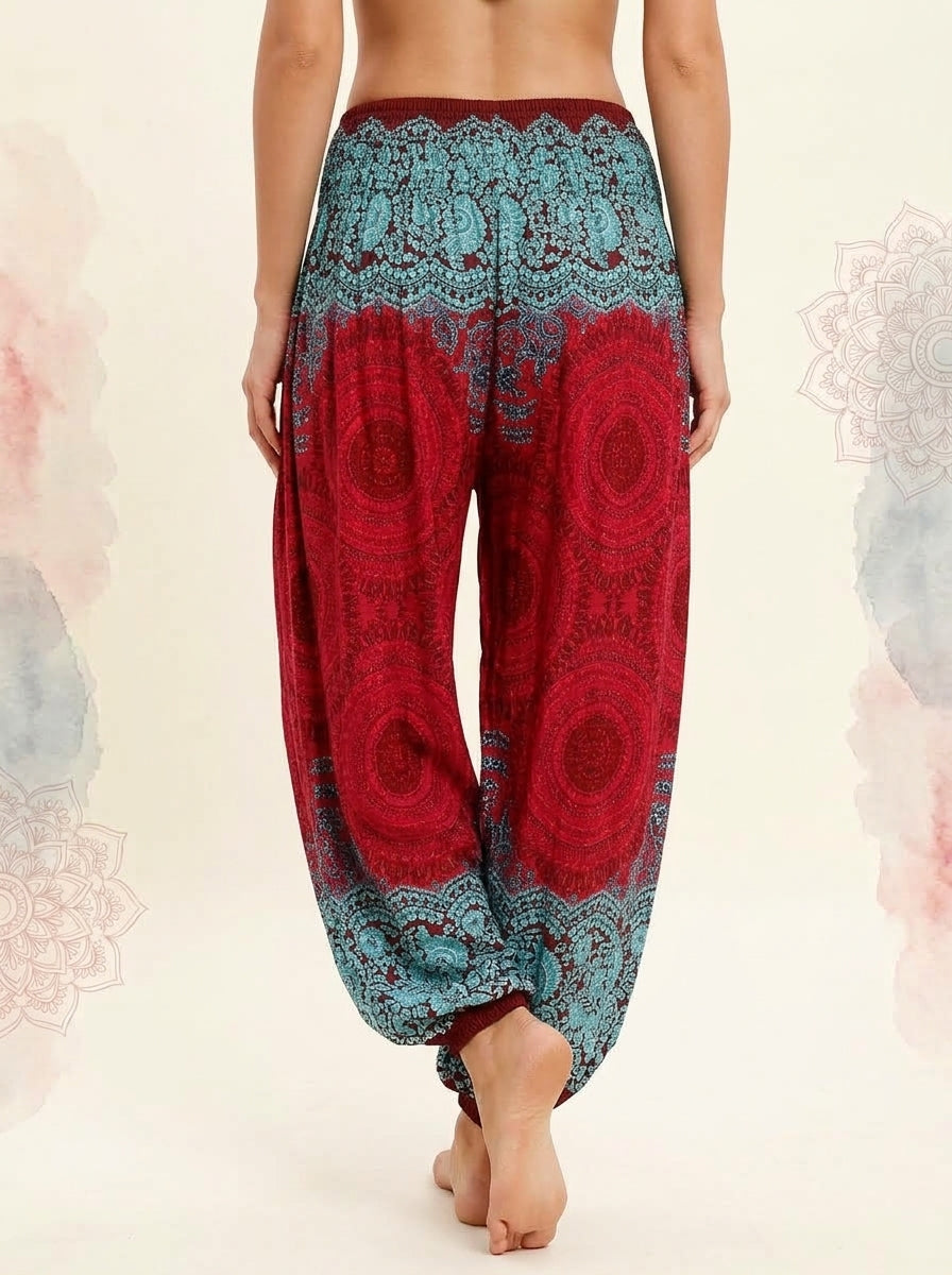 Thai Print Harem Pants in Red Aqua, back view