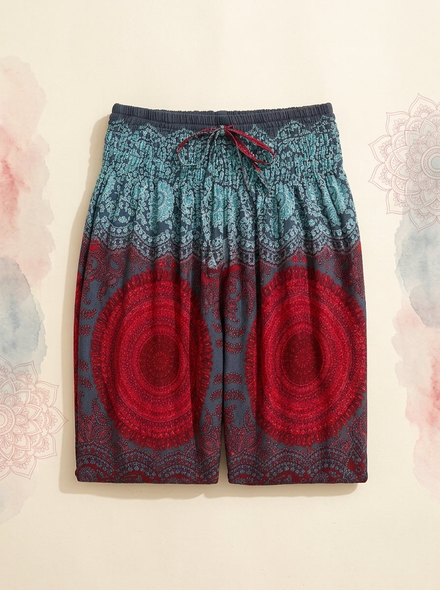Thai Print Harem Pants in Red Aqua, folded flat