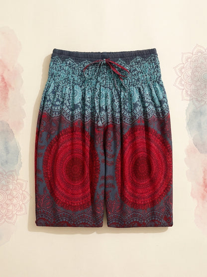 Thai Print Harem Pants in Red Aqua, folded flat