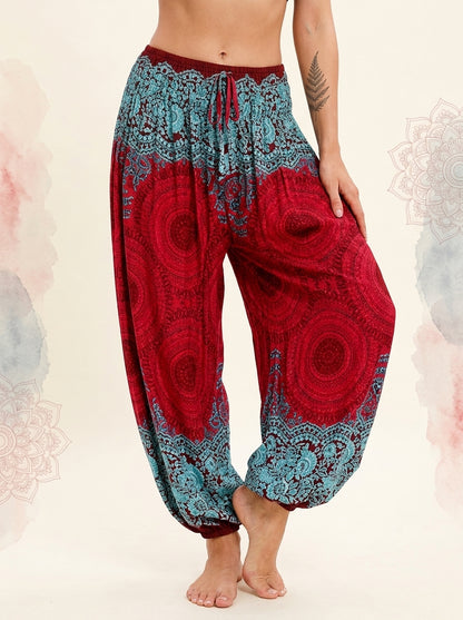 Thai Print Harem Pants in Red Aqua, front view