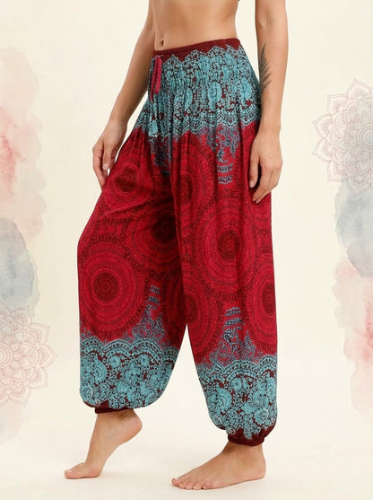 Thai Print Harem Pants in Red Aqua, side view