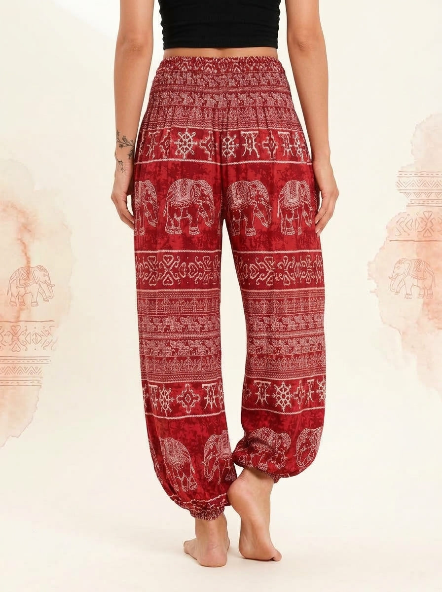 Thai Print Harem Pants in Red Elephant, back view